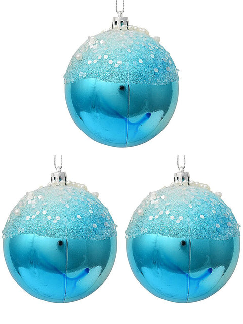 Christmas Warehouse - DECR7126 3x Opulent Blue Statement Frosted Sequin & Pearl Baubles | 80mm Blue with White