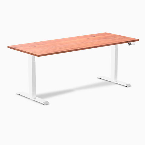 Desky Dual Softwood Sit Stand Desk 180cm Red Cedar Desktop and White Frame