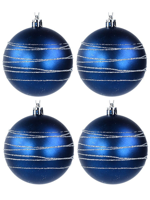 Christmas Warehouse - DECR9175 4x Dynamic Matte Blue Statement Silver Stripe Baubles | 80mm Blue with Silver