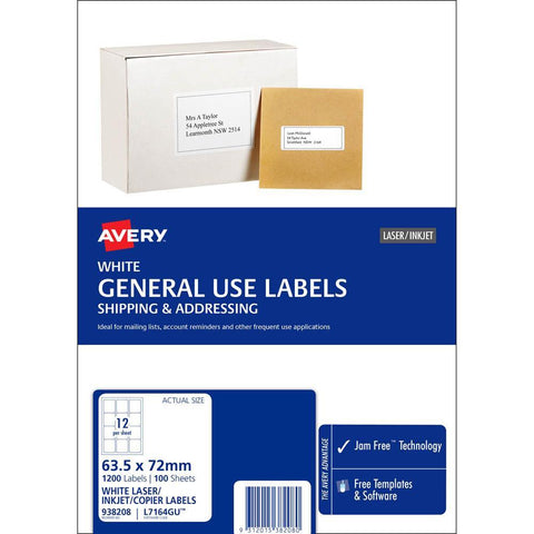 Avery 938208 L7164 General Use Laser Inkjet Copier Label 12up White Pack 100