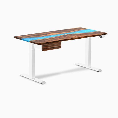 Desky Dual Resin Hardwood Standing Desk With Drawer 150cm Pheasantwood Blue River Desktop and White Frame
