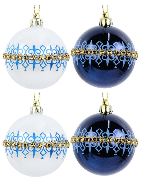 Christmas Warehouse - DECR9151 6x Opulent Blue & White Essential Fleur De Lis Diamante Baubles | 60mm Blue & White