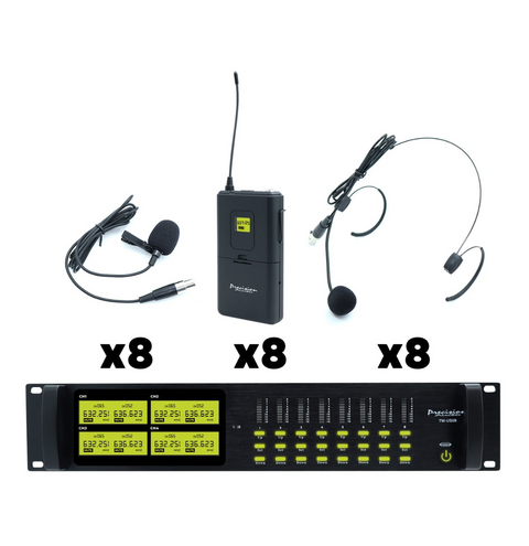 Precision Audio 8 Channel UHF Wireless Headset Microphone System Rack Mount LCD Display