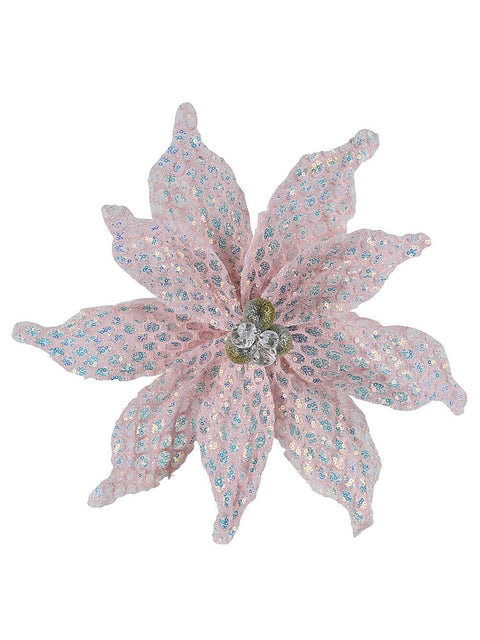 Christmas Warehouse - PICK2517 Light Pink Honeycomb Mesh & Sequin Poinsettia Christmas Tree Clip Pick | 36cm Light Pink with Gold & Clear