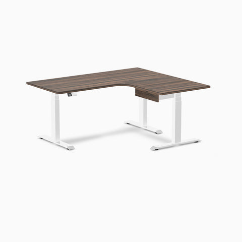 Desky L-Shape Melamine Standing Desk With Drawer 160cm - Right Return Jarrah Legno Top and White Leg