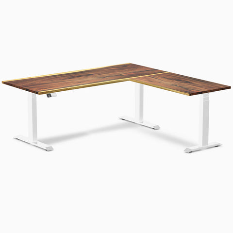 Desky Hardwood L-Shape Sit Stand Desk 180 x 175 cm Saman Top and White Leg