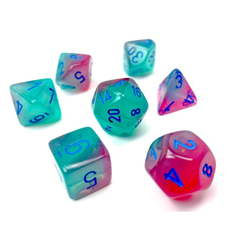 Chessex Gemini Polyhedral Dice Set (Gel Green-Pink/Blue Luminary, 7 Dice)