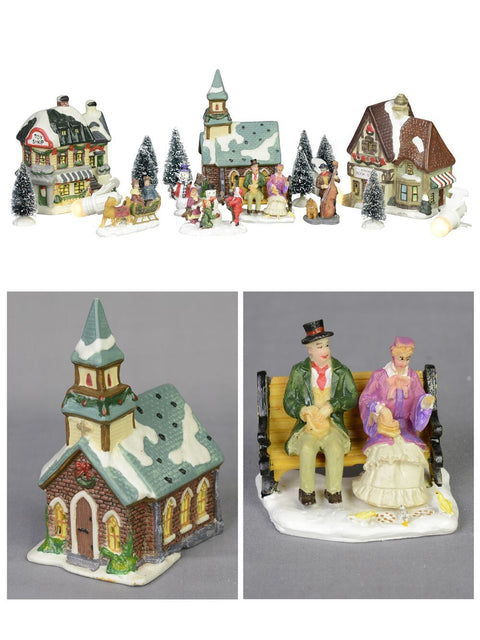 Christmas Warehouse - ORNMTV97 17 Piece Large Christmas Village Scene With LED Church, Shops & Figurines Classic Palette