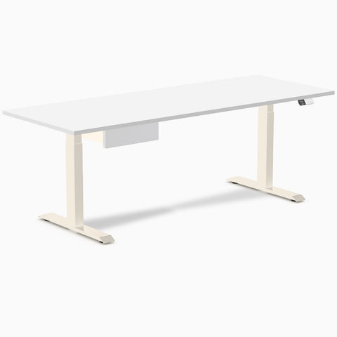 Desky Dual Melamine Standing Desk With Drawer 200cm White Desktop and Wheat Frame