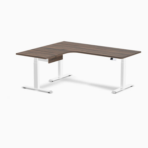 Desky L-Shape Melamine Standing Desk With Drawer 180cm - Left Return Jarrah Legno Top and White Leg