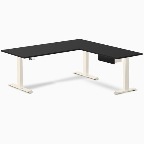 Desky Eco L-Shape Melamine Standing Desk With Drawer 180 x 175 cm Black Top and Wheat Leg