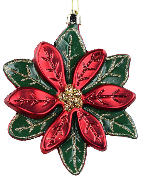 Christmas Warehouse - DECR2677 Red & Green Layered Poinsettia Signature Christmas Tree Ornament | 13cm Red & Green with Gold