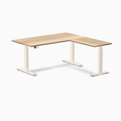 Desky Hardwood L-Shape Sit Stand Desk 150 x 155 cm White Ash / Wheat Top and Wheat Leg