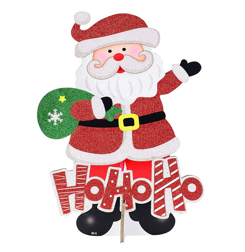 Christmas Warehouse - DECRH144 Santa Claus With Christmas Sack Glittered Freestanding Sign | 46cm Red & White with Black, Green & Yellow