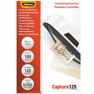 Fellowes Capture Laminating Pouch 125 Micron Gloss 65×95mm Clear Pack of 100