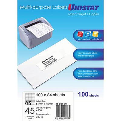 Unistat 38948 Multi-Purpose Label 45up 51x15mm White Pack 100
