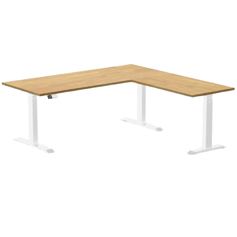 Desky Rubberwood L-Shape Sit Stand Desk 180 x 175 cm Light Oak Top and White Leg
