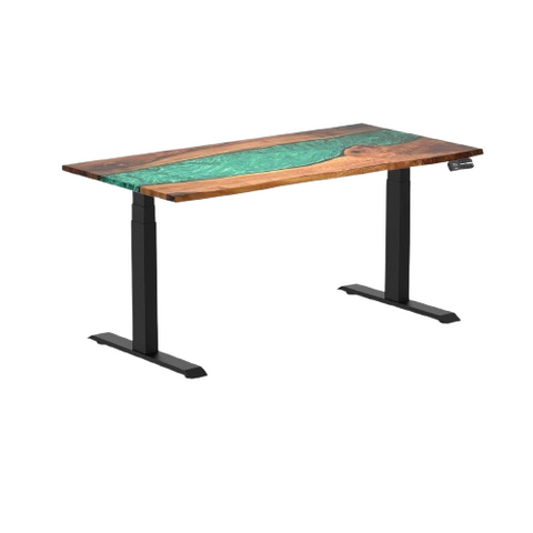 Desky Dual Resin Hardwood Sit Stand Desk 150cm Natural Walnut Emerald River Desktop and Matte Black Frame