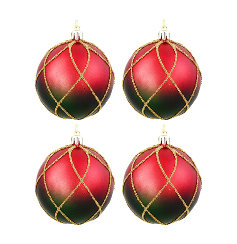 Christmas Warehouse - DECR2662 4x Heritage Crimson Red & Midnight Green Signature Gold Bead Baubles 80mm