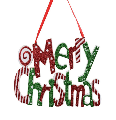 Christmas Warehouse - DECRH992 Red & Green Glitter Merry Christmas Whimsical Essential Ornament | 24cm Red & Green with White