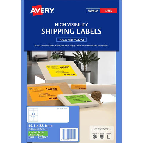 Avery Shipping Labels Fluoro High Visibility Laser 99.1x38.1mm 350-Pieces (Green)