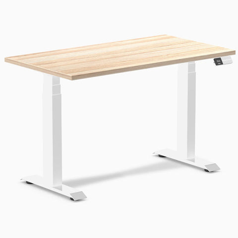 Desky Dual Mini Sit Stand Desk 1100x600 Classic Oak Desktop and White Frame
