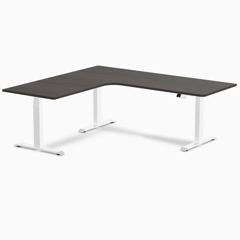 Desky L-Shape Melamine Sit Stand Desk 200cm - Left Return Burnished Wood Top and White Leg