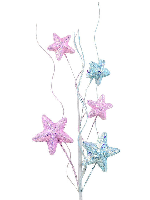 Christmas Warehouse - STEM2532 Pastel Pink & Blue Stars On Wavy Willow Spray Long Christmas Stem | 53cm Pastel Pink & Blue