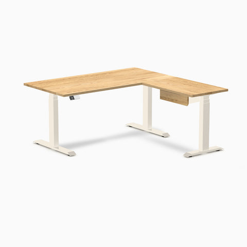 Desky Hardwood L-Shape Standing Desk With Drawer 150 x 155 cm White Oak / Wheat Top and Wheat Leg