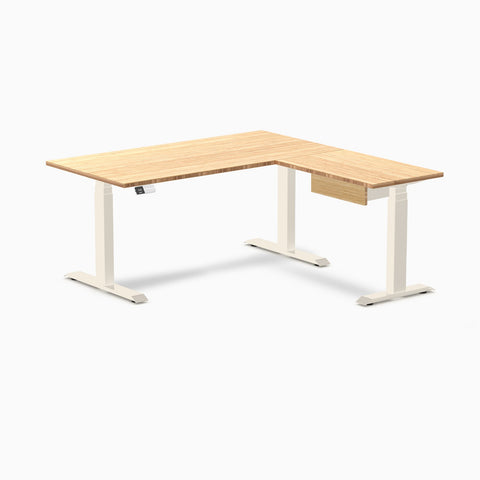 Desky Bamboo L-Shape Standing Desk With Drawer 150 x 155 cm and Wheat Leg