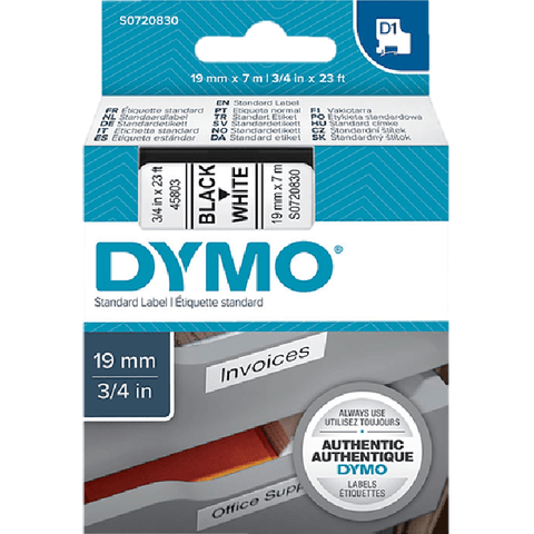 Dymo 45803 D1 Labelling Tape 19mmx7m (Black On White) [5 Pack]