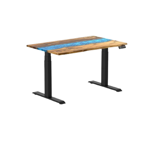 Desky Dual Resin Hardwood Sit Stand Desk 120cm Teak Blue River Desktop and Matte Black Frame