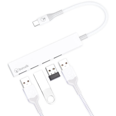 Bonelk Long-Life USB-C to 4 Port USB 3.0 Slim Hub (White)