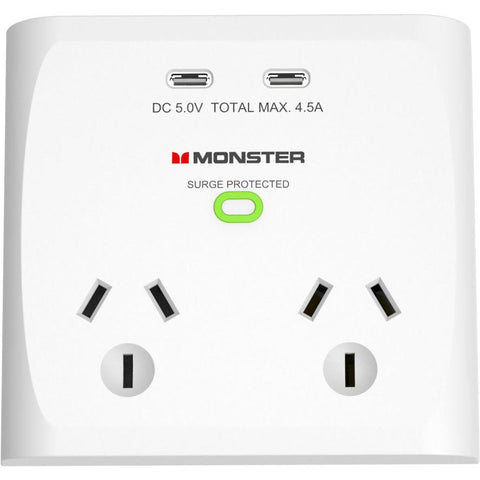 Monster 2 Socket Surge Protector with USB-C (White)