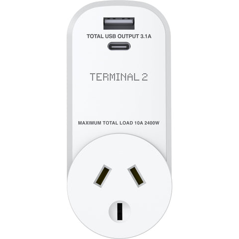 Terminal 2 Outbound Travel Adaptor with USB-A and USB-C Ports USA